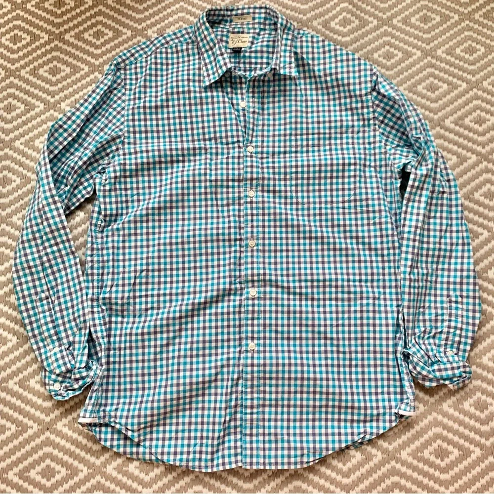 J. Crew Plaid Gingham Striped Blue Long Sleeve Button Down Shirt Men's Large
